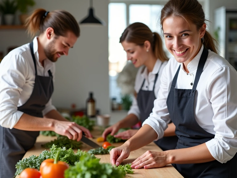 Un gruppo di persone sorridenti e impegnate mentre partecipano a un workshop di cucina sana, tagliando verdure fresche e interagendo con uno chef o nutrizionista. L'ambiente è luminoso e collaborativo.