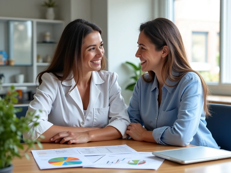 Un nutrizionista e un cliente sorridono mentre discutono un piano alimentare in un ufficio moderno e accogliente, con grafici e appunti sul tavolo, simboleggiando una collaborazione positiva.